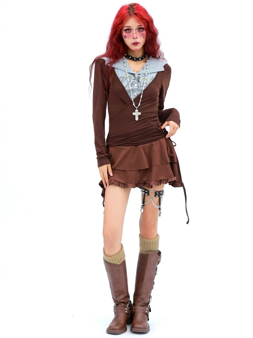 NANAICHILLI Soft Breathable Stretch Casual Slim Fit Young Adult Brown Long Sleeve T-Shirt