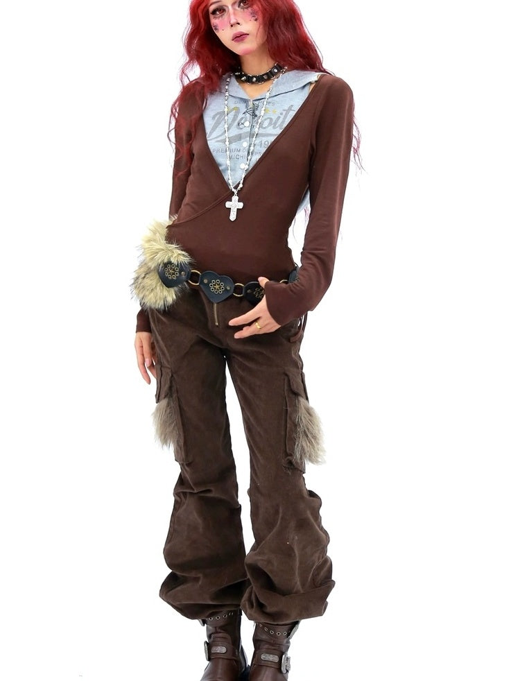 NANAICHILLI Soft Breathable Stretch Casual Slim Fit Young Adult Brown Long Sleeve T-Shirt