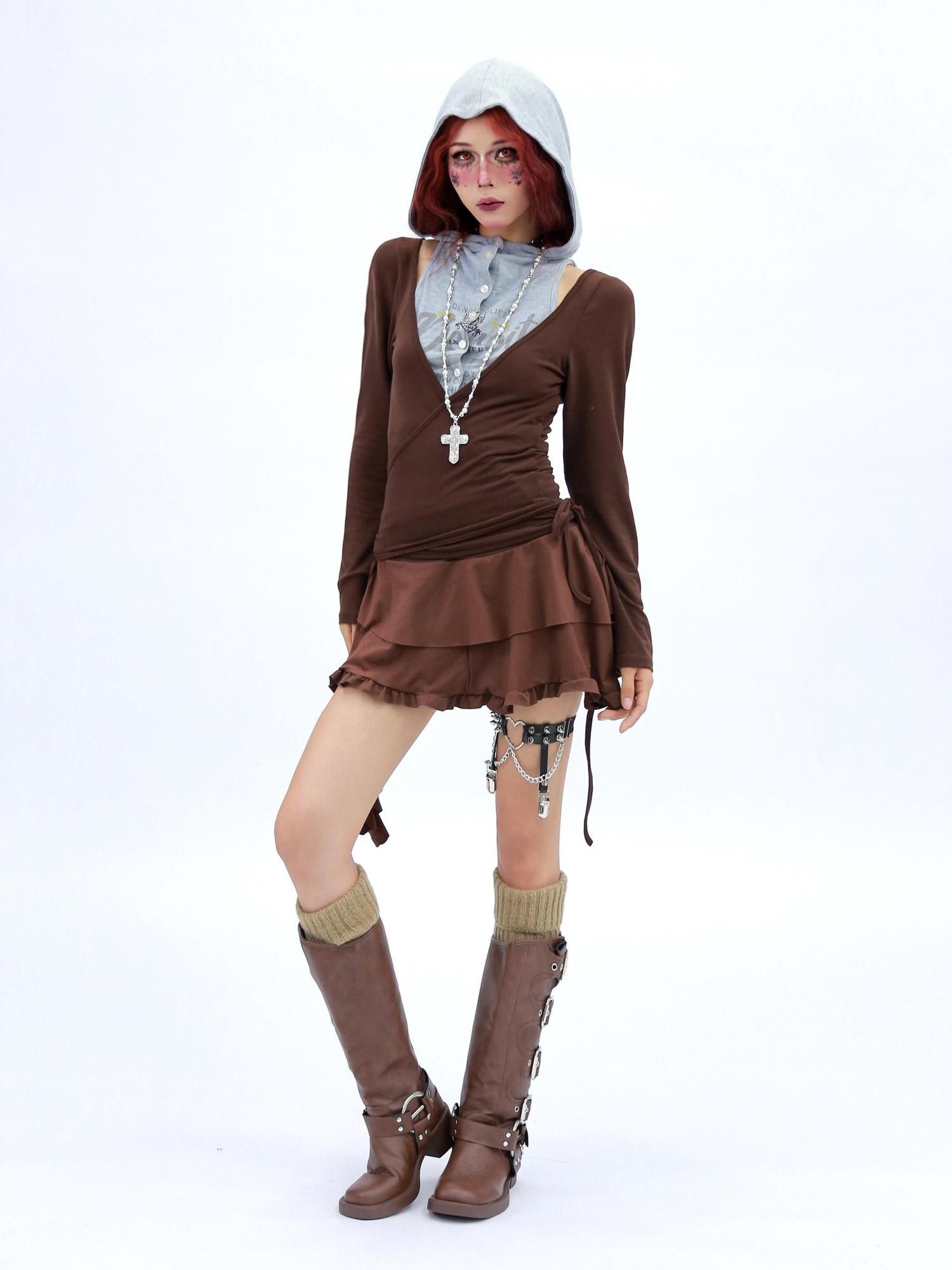 NANAICHILLI Soft Breathable Stretch Casual Slim Fit Young Adult Brown Long Sleeve T-Shirt