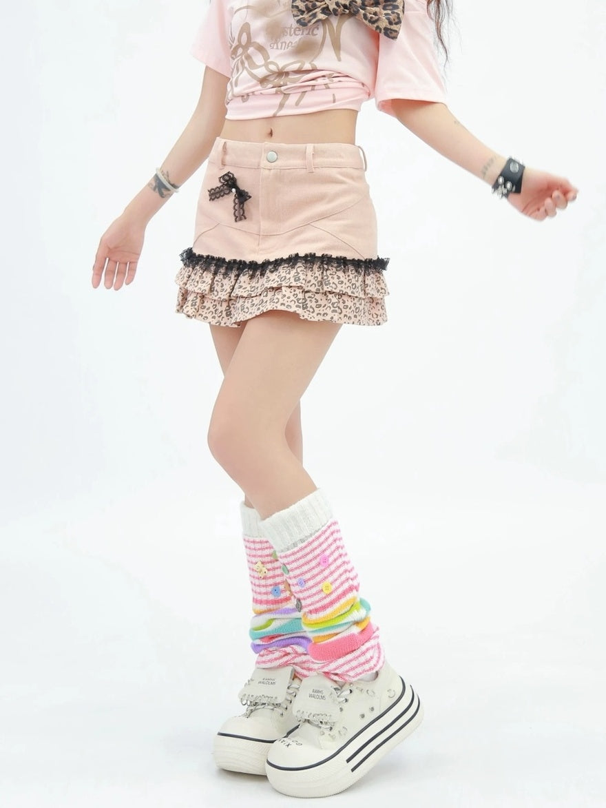 NANAICHILLI Soft Pure Cotton Light Pink Leopard Low Rise A Line Mini Skirt