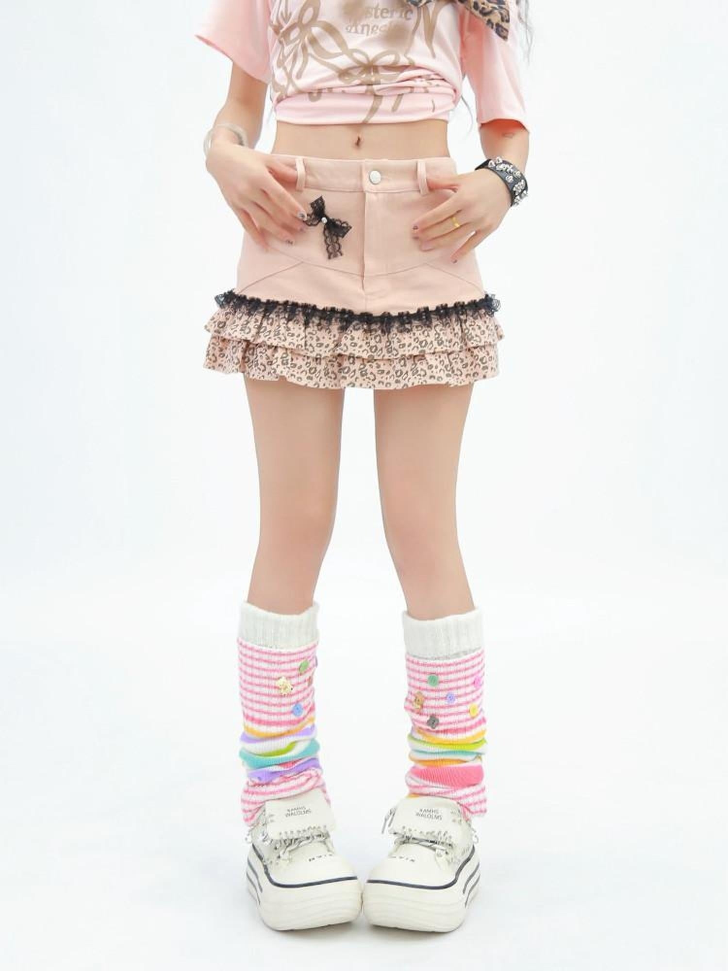 NANAICHILLI Soft Pure Cotton Light Pink Leopard Low Rise A Line Mini Skirt