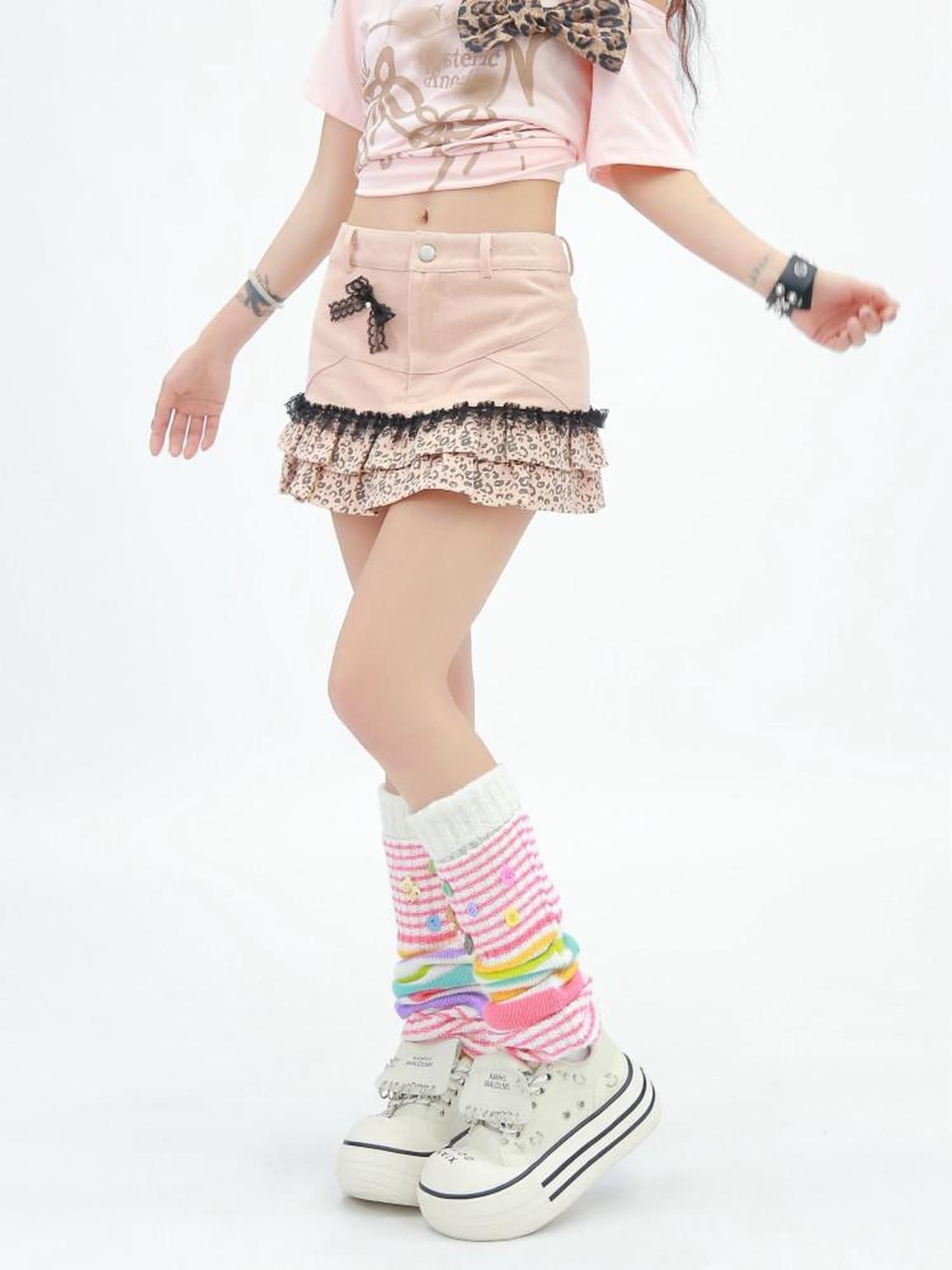 NANAICHILLI Soft Pure Cotton Light Pink Leopard Low Rise A Line Mini Skirt