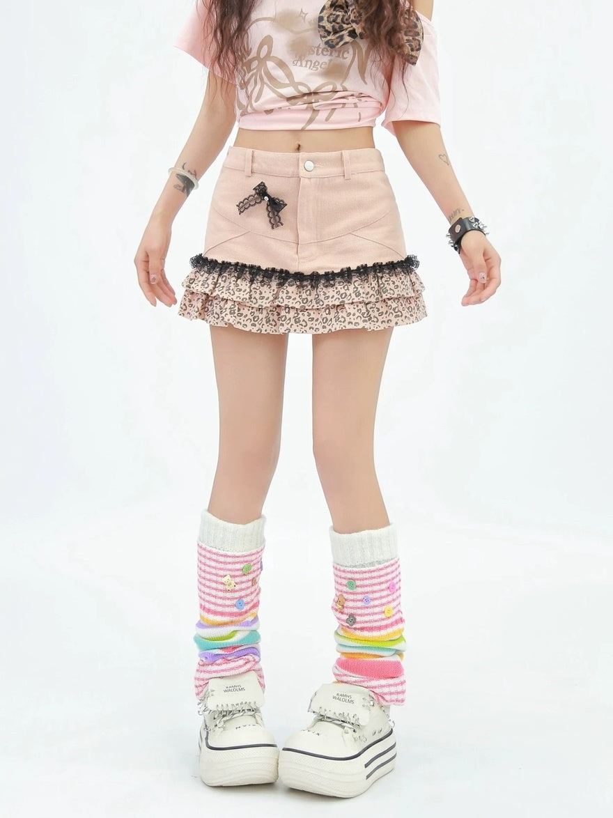 NANAICHILLI Soft Pure Cotton Light Pink Leopard Low Rise A Line Mini Skirt