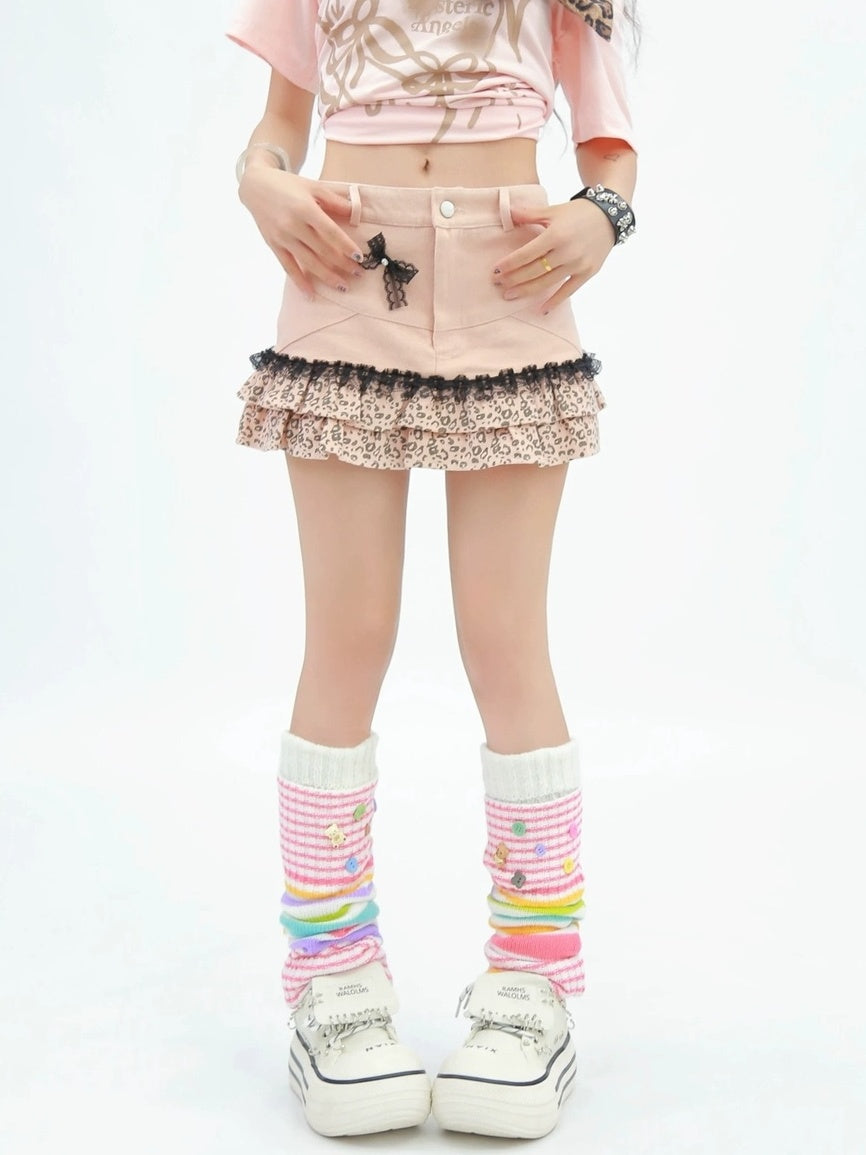 NANAICHILLI Soft Pure Cotton Light Pink Leopard Low Rise A Line Mini Skirt