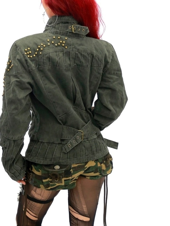 NANAICHILLI Studded Fitted Waist Dark Goth Cropped Cotton Embroidered Zip Utility Jacket