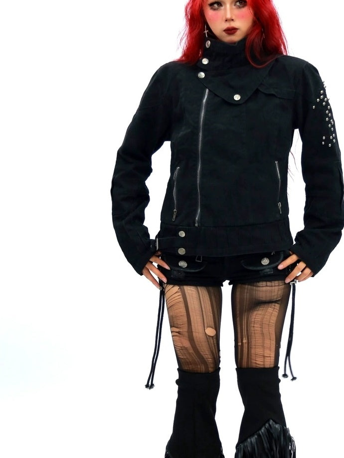NANAICHILLI Studded Fitted Waist Dark Goth Cropped Cotton Embroidered Zip Utility Jacket