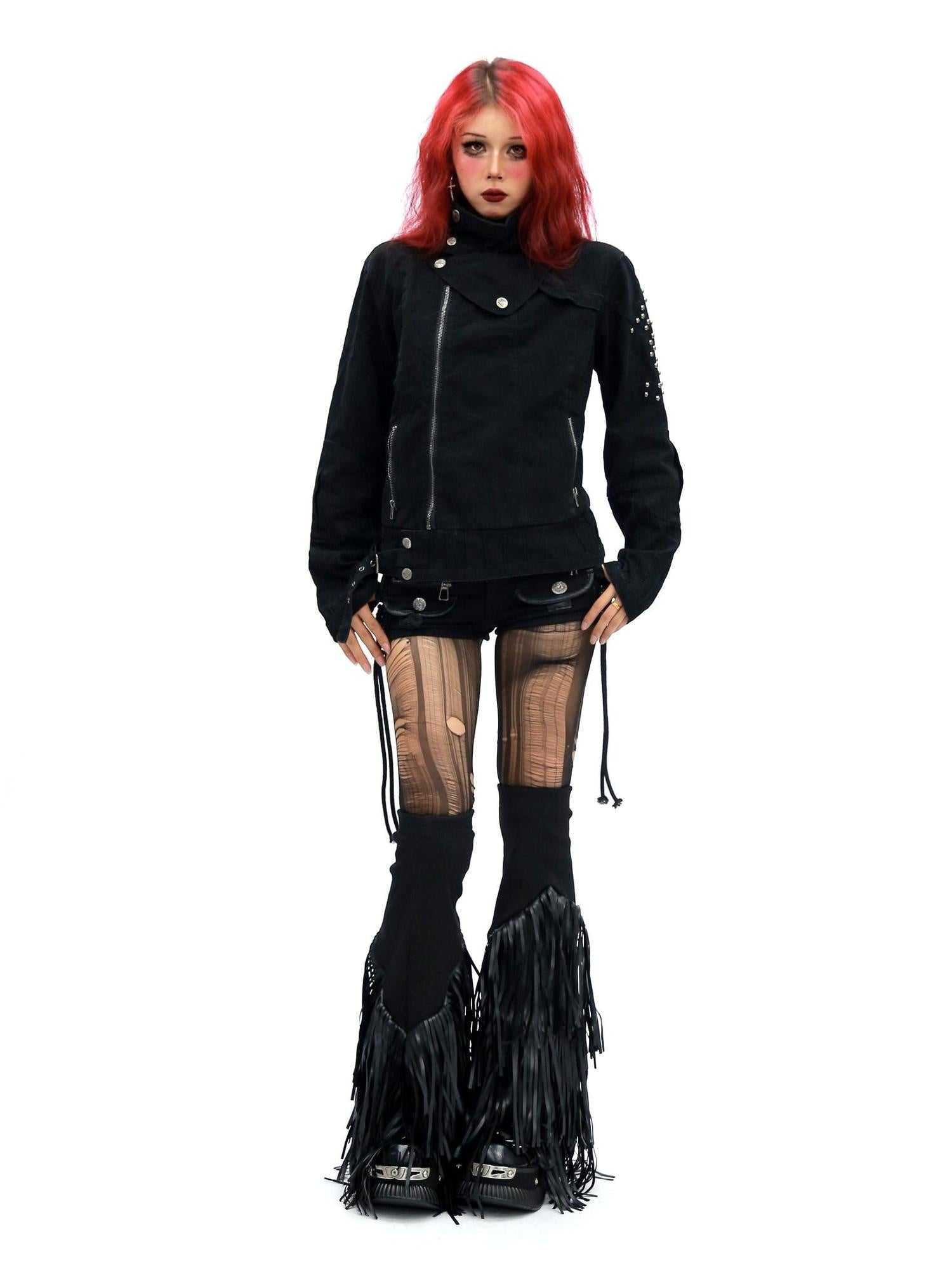 NANAICHILLI Studded Fitted Waist Dark Goth Cropped Cotton Embroidered Zip Utility Jacket