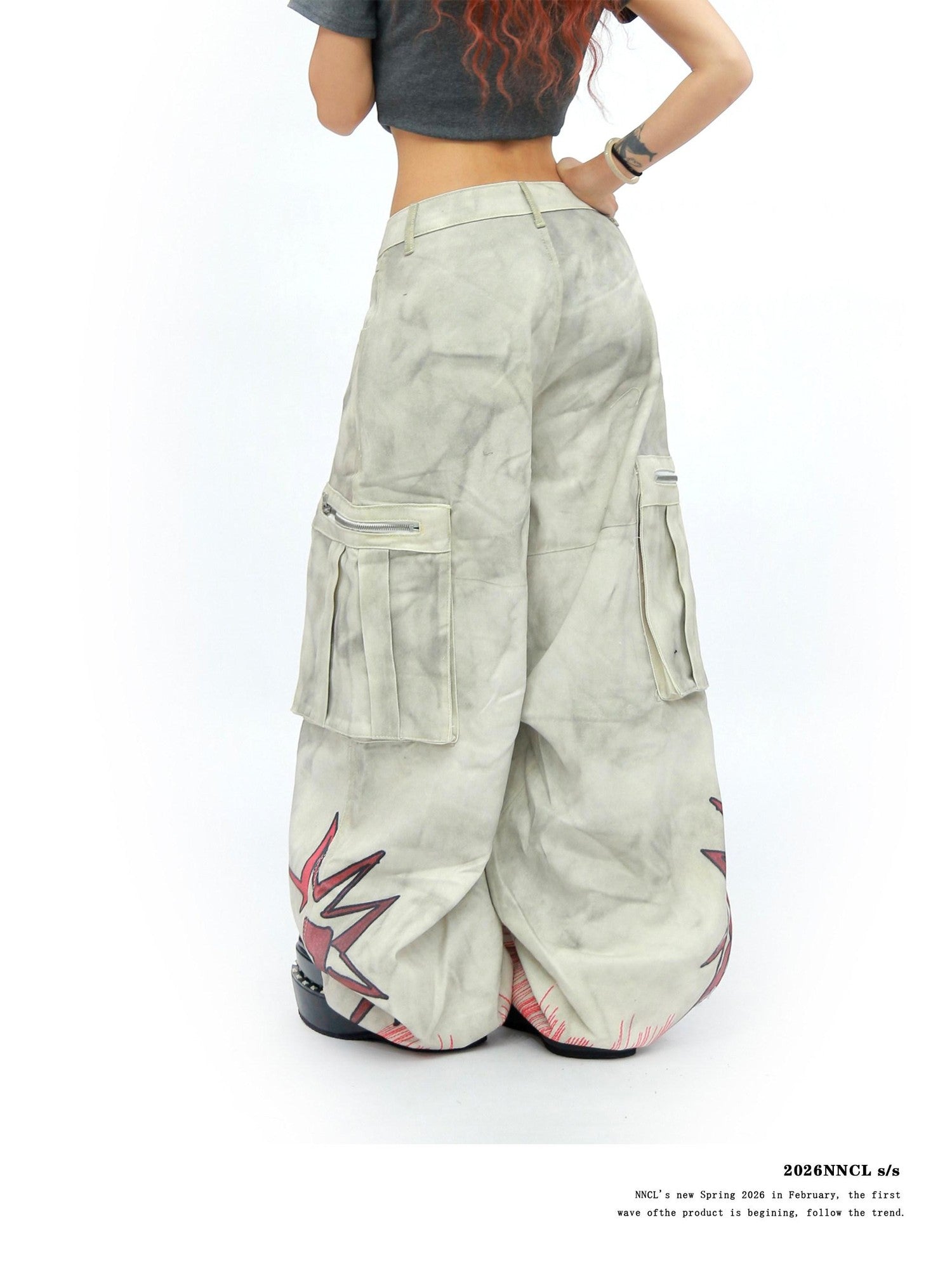 NANAICHILLI Tie Dye Graffiti Distressed Multi Pocket Cargo Women&