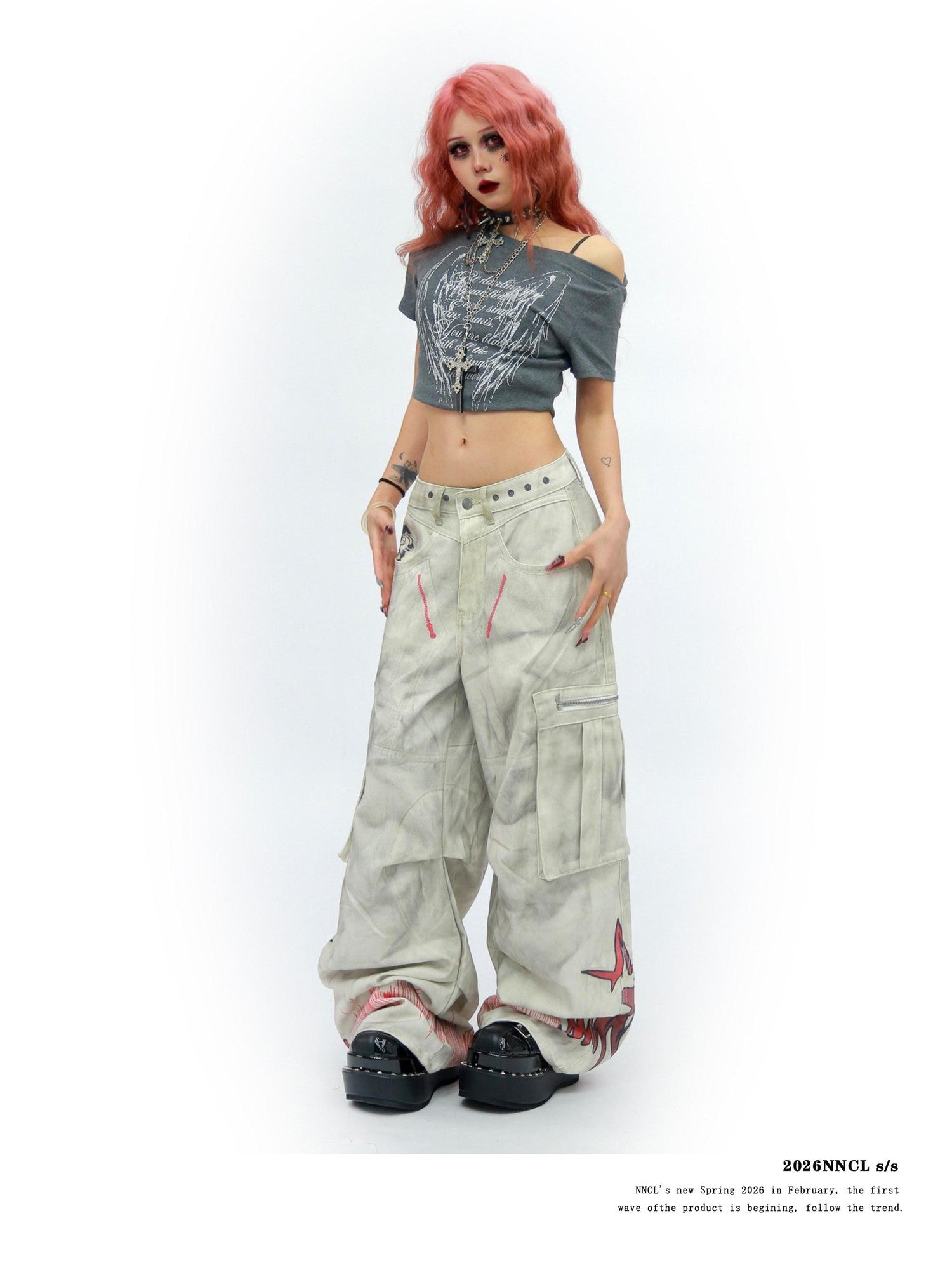 NANAICHILLI Tie Dye Graffiti Distressed Multi Pocket Cargo Women&