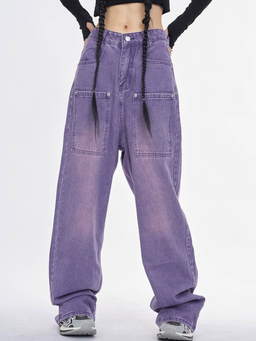 NANAICHILLI Trendy Washed Purple Low Rise Straight Leg Youth Denim Zipper Fly Jeans