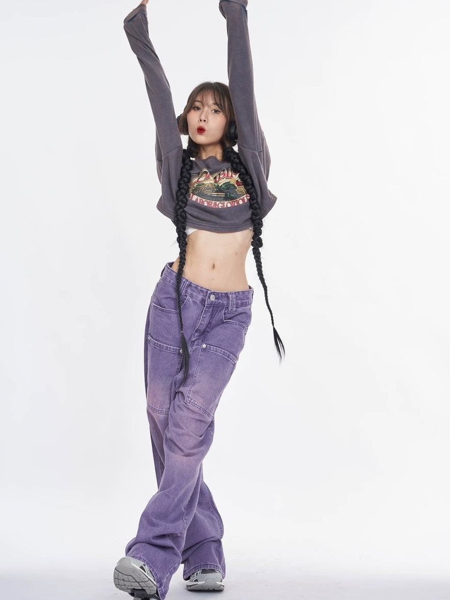 NANAICHILLI Trendy Washed Purple Low Rise Straight Leg Youth Denim Zipper Fly Jeans