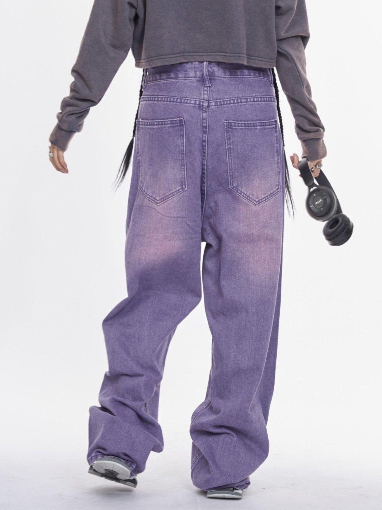 NANAICHILLI Trendy Washed Purple Low Rise Straight Leg Youth Denim Zipper Fly Jeans