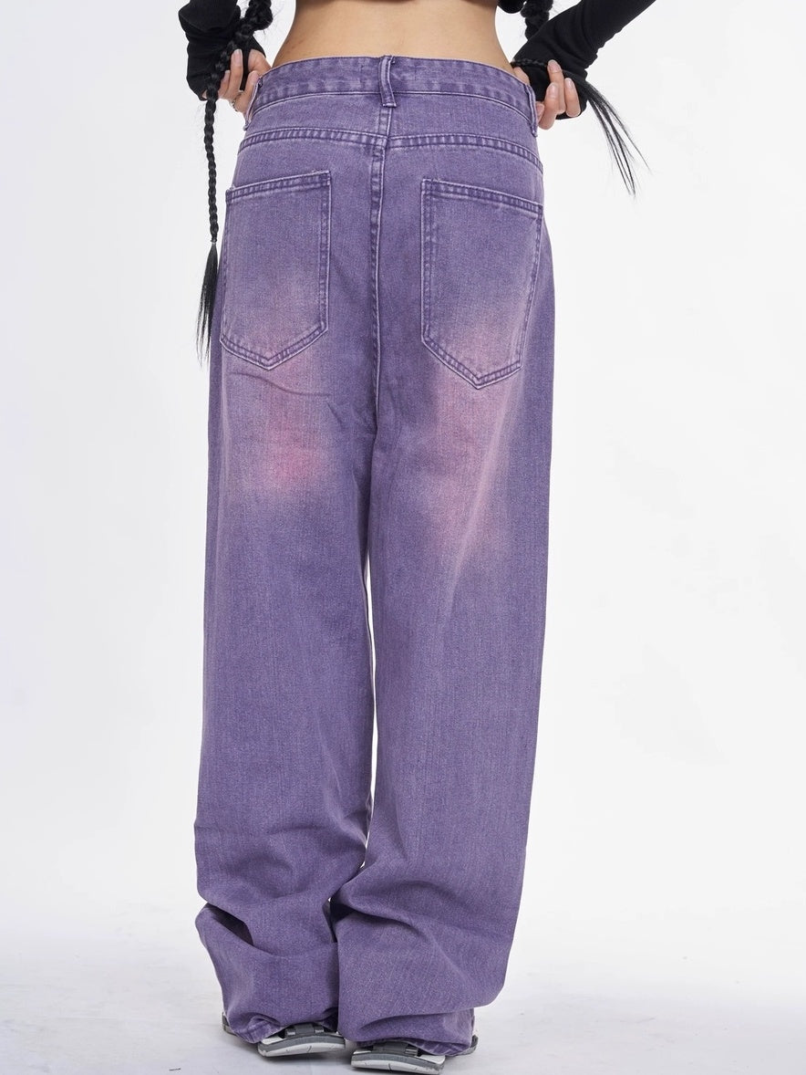 NANAICHILLI Trendy Washed Purple Low Rise Straight Leg Youth Denim Zipper Fly Jeans