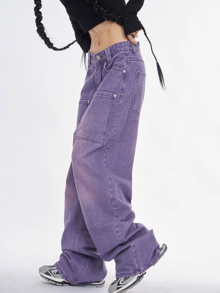 NANAICHILLI Trendy Washed Purple Low Rise Straight Leg Youth Denim Zipper Fly Jeans