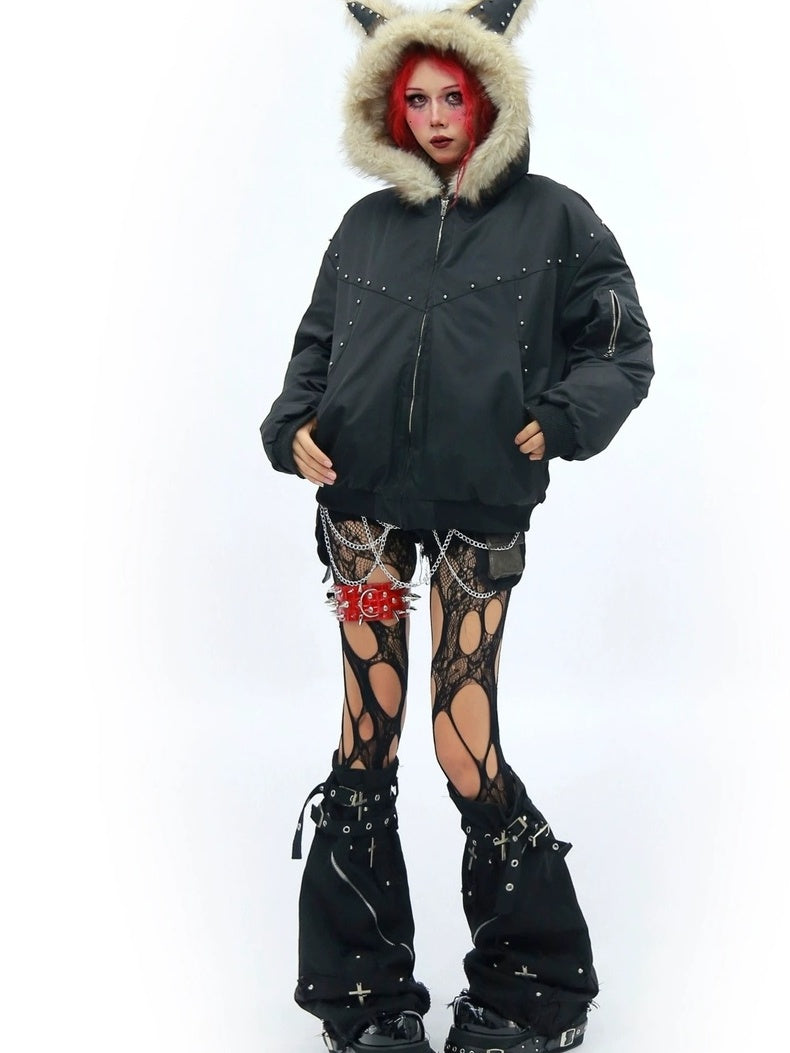 NANAICHILLI Warm Street Loose Fit Hooded Zipper Solid Black Gray Puffer Jacket