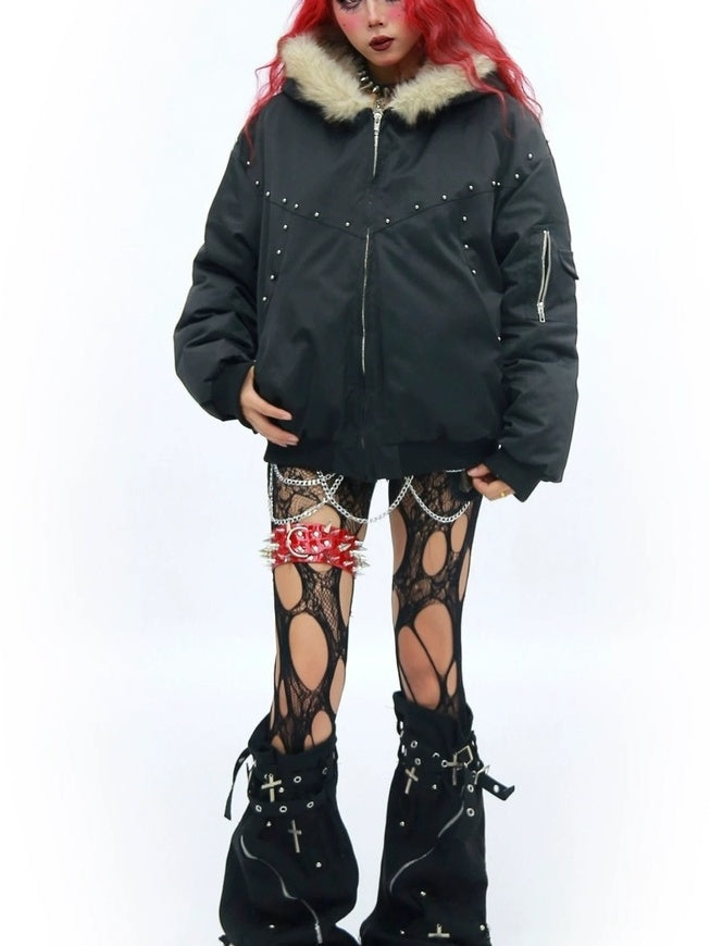 NANAICHILLI Warm Street Loose Fit Hooded Zipper Solid Black Gray Puffer Jacket