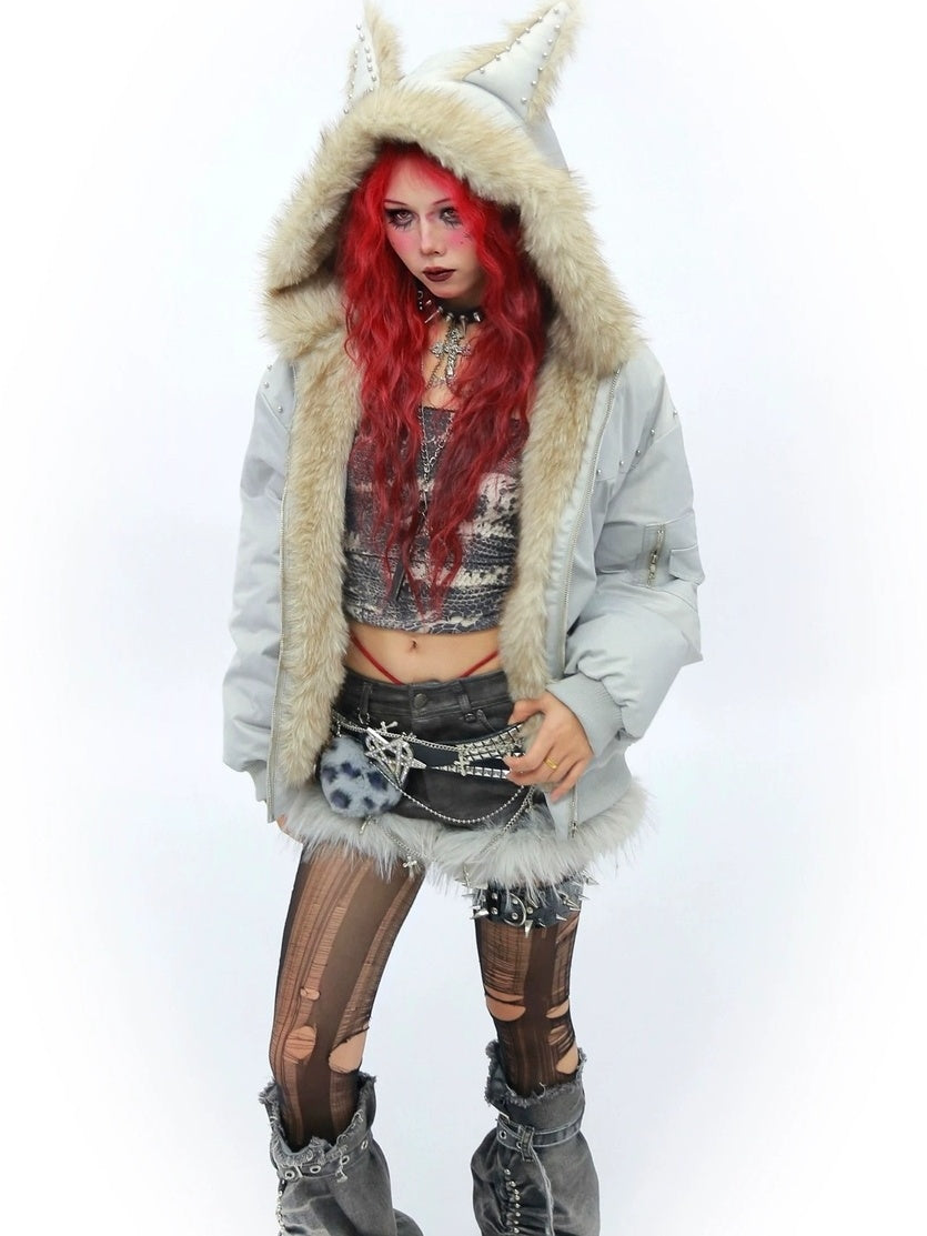 NANAICHILLI Warm Street Loose Fit Hooded Zipper Solid Black Gray Puffer Jacket