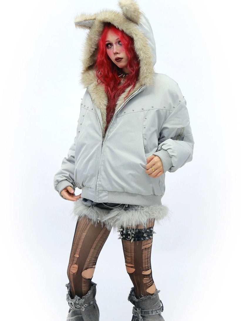 NANAICHILLI Warm Street Loose Fit Hooded Zipper Solid Black Gray Puffer Jacket