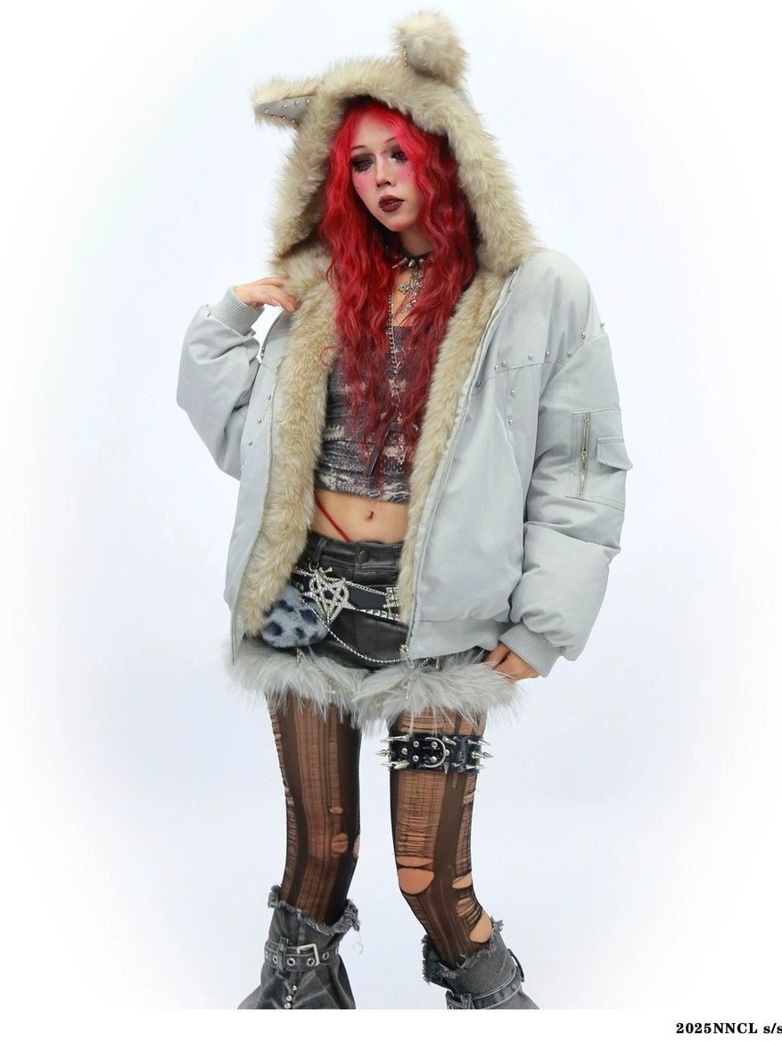 NANAICHILLI Warm Street Loose Fit Hooded Zipper Solid Black Gray Puffer Jacket