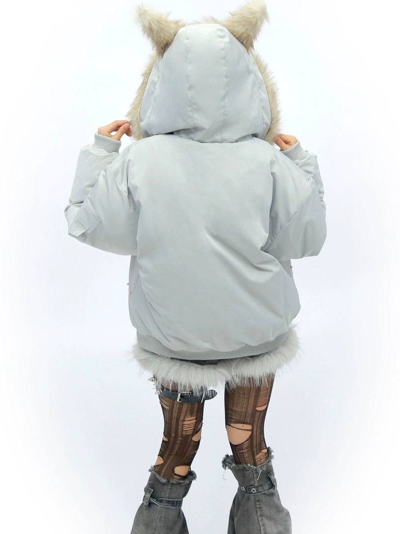 NANAICHILLI Warm Street Loose Fit Hooded Zipper Solid Black Gray Puffer Jacket