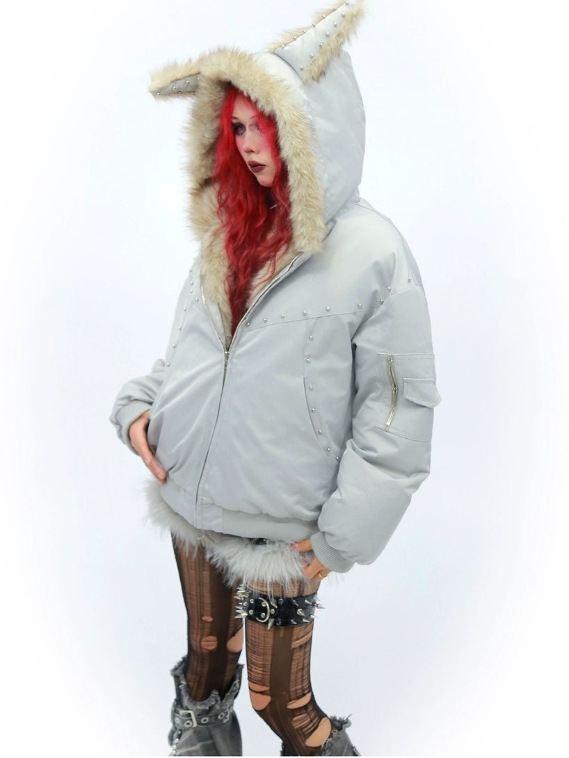 NANAICHILLI Warm Street Loose Fit Hooded Zipper Solid Black Gray Puffer Jacket