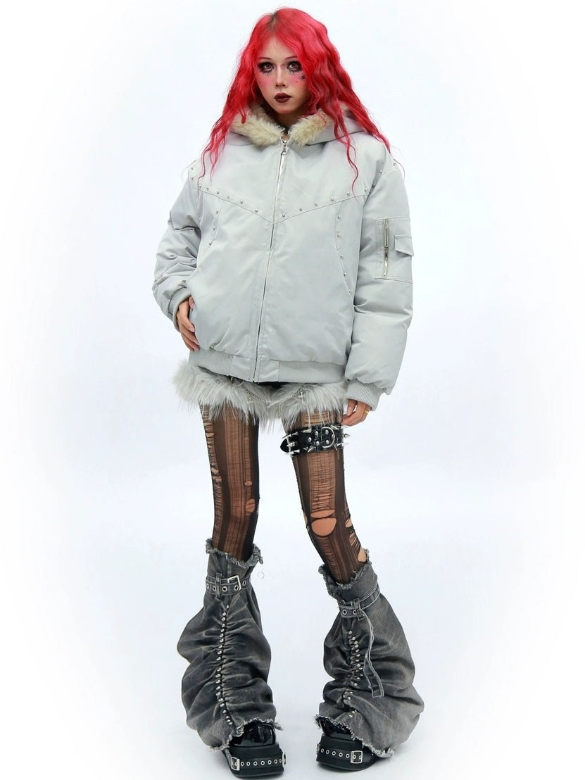 NANAICHILLI Warm Street Loose Fit Hooded Zipper Solid Black Gray Puffer Jacket