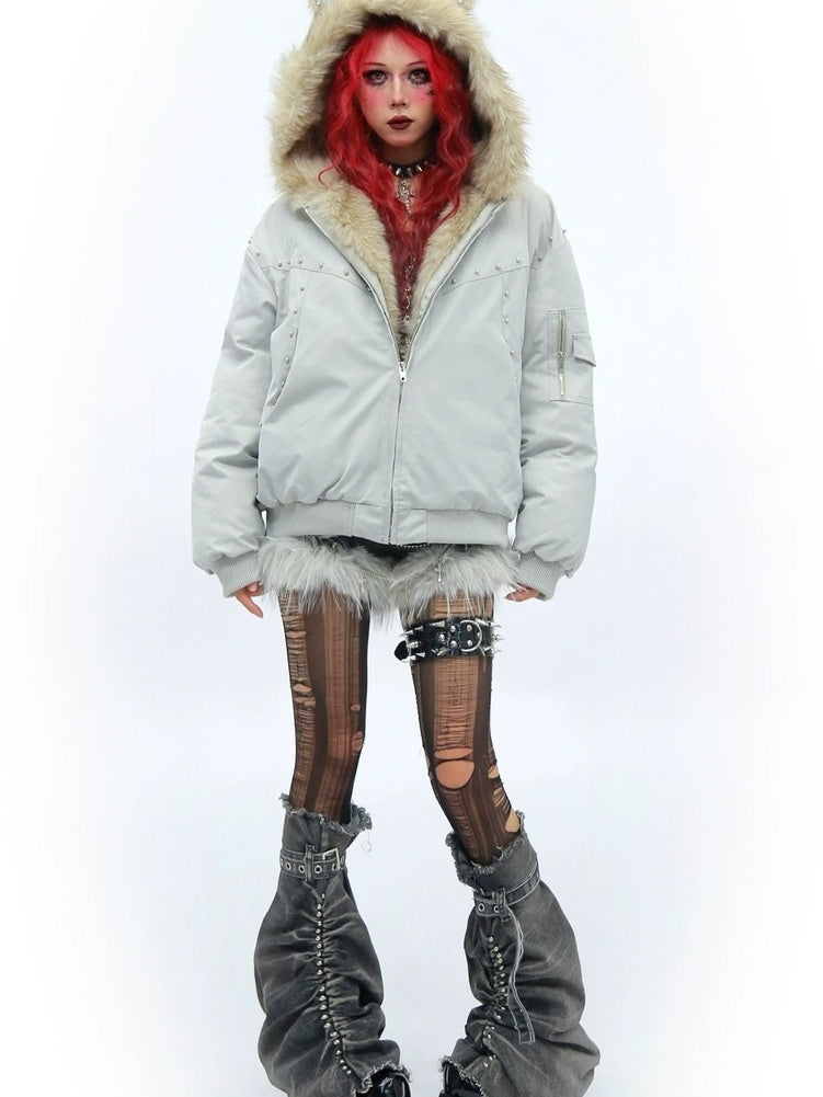 NANAICHILLI Warm Street Loose Fit Hooded Zipper Solid Black Gray Puffer Jacket