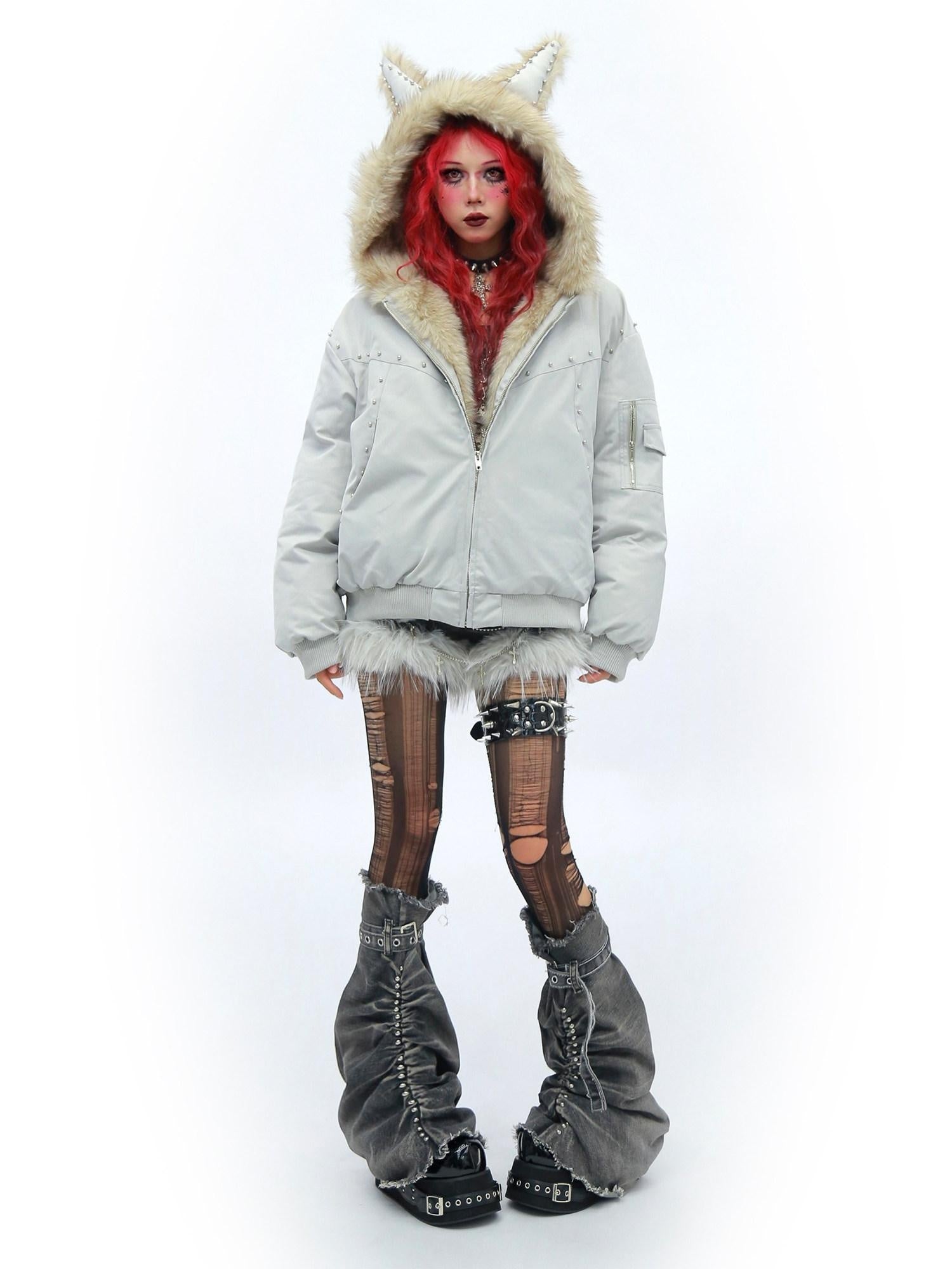 NANAICHILLI Warm Street Loose Fit Hooded Zipper Solid Black Gray Puffer Jacket