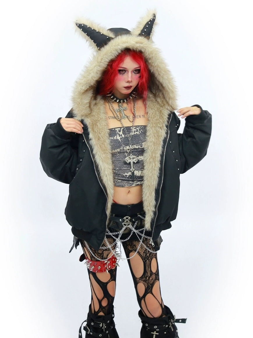 NANAICHILLI Warm Street Loose Fit Hooded Zipper Solid Black Gray Puffer Jacket