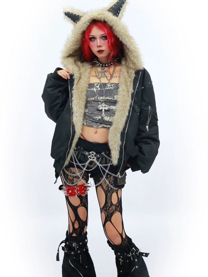 NANAICHILLI Warm Street Loose Fit Hooded Zipper Solid Black Gray Puffer Jacket