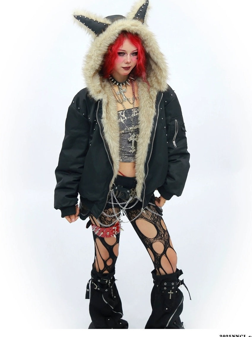 NANAICHILLI Warm Street Loose Fit Hooded Zipper Solid Black Gray Puffer Jacket