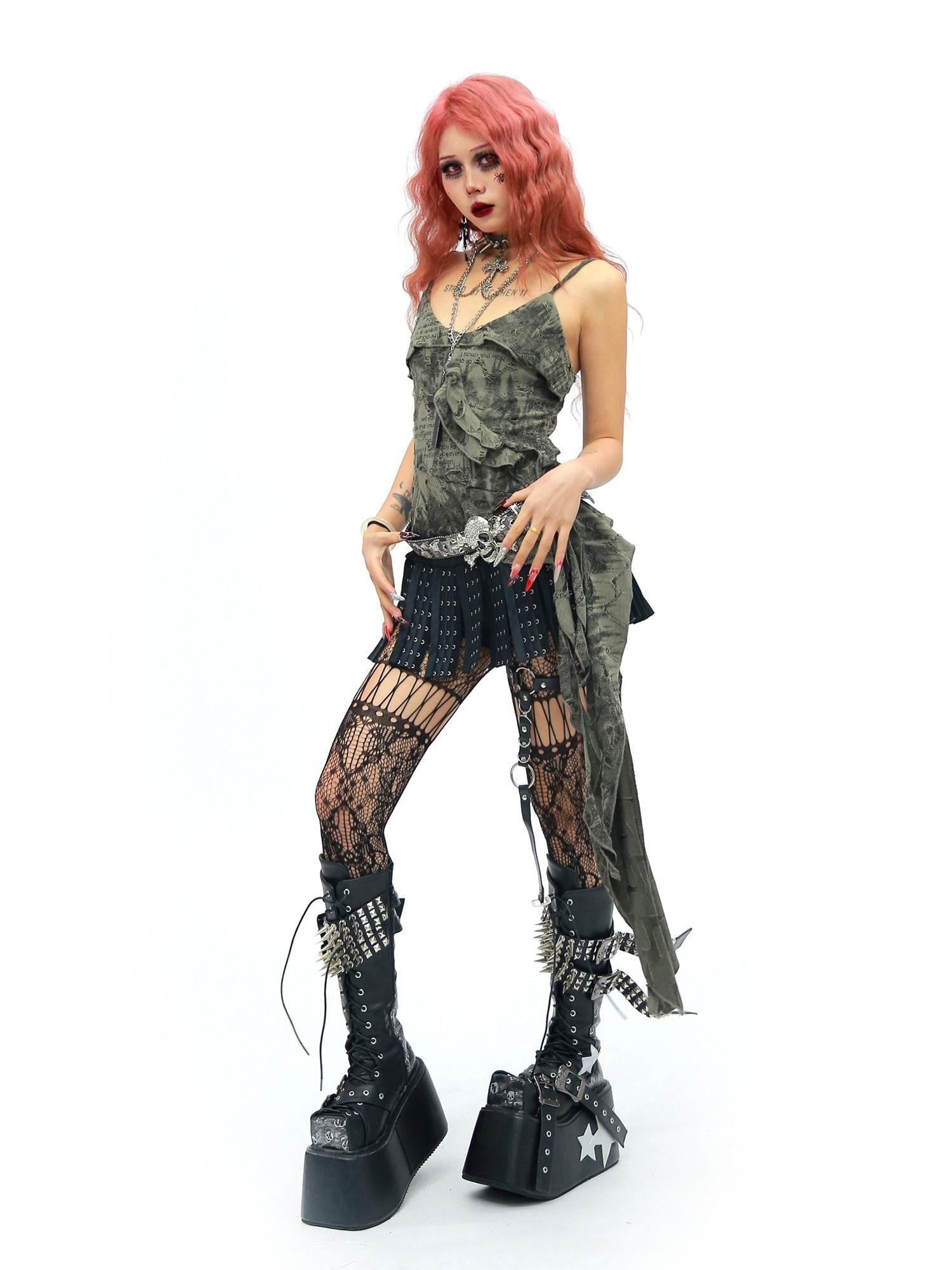 NANAICHILLI Wasteland Thorn Army Green Newspaper Print Asymmetric Ruffle Women&