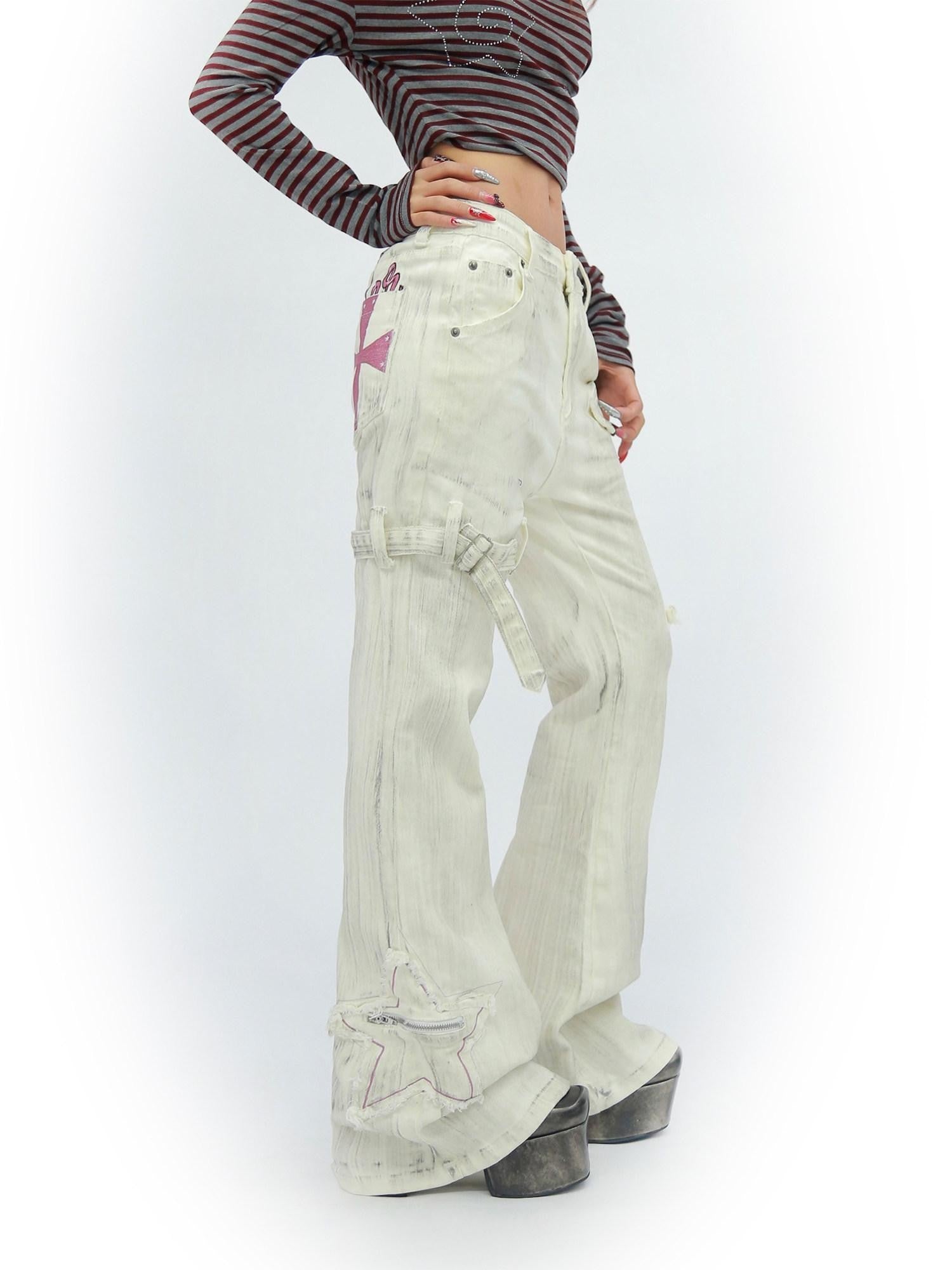 NANAICHILLI White Star Print Slim Multi Pocket Cargo Women&