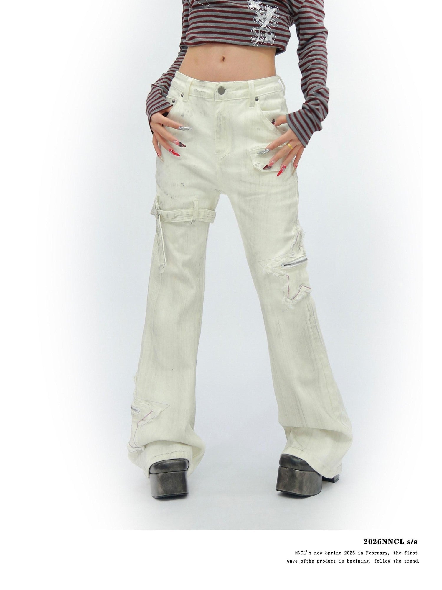 NANAICHILLI White Star Print Slim Multi Pocket Cargo Women&