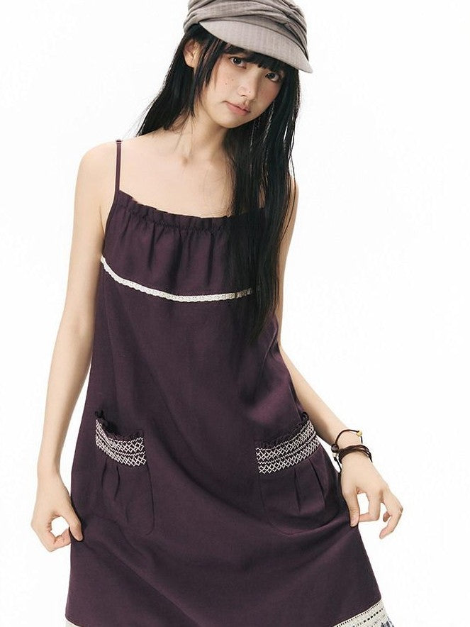 NAPSNAPS A Line Gathered Pocket Lace Trim Women&