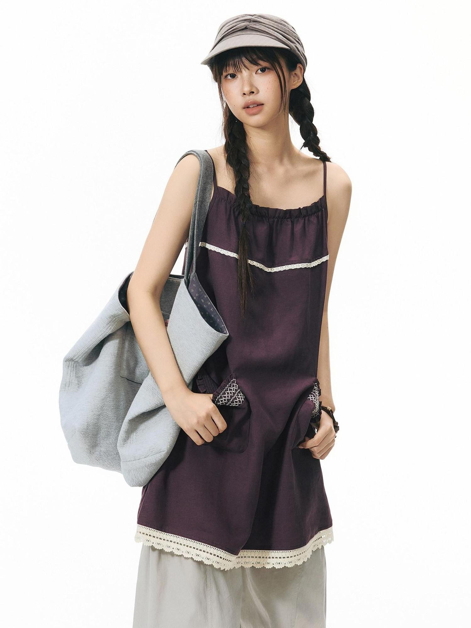 NAPSNAPS A Line Gathered Pocket Lace Trim Women&