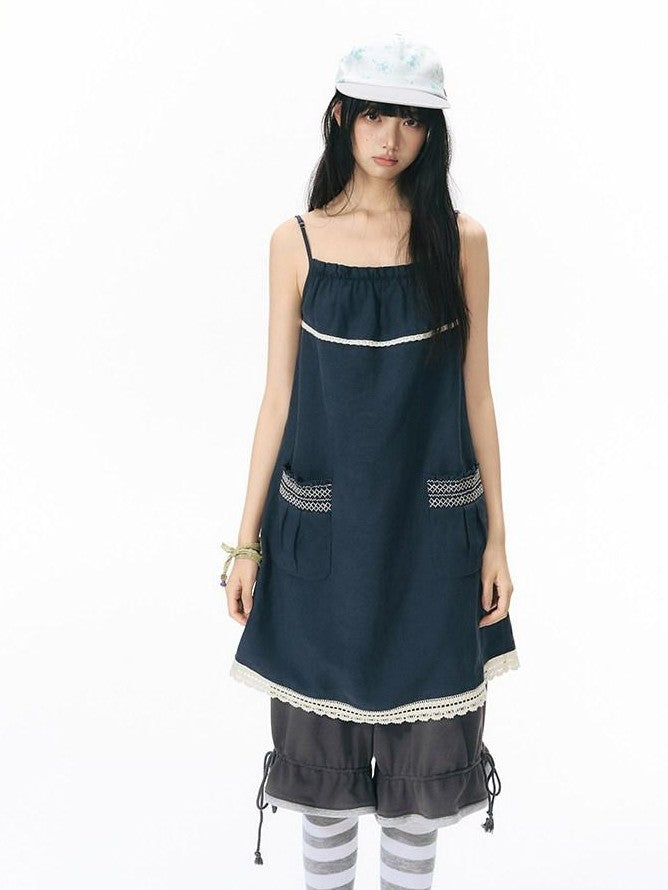 NAPSNAPS A Line Gathered Pocket Lace Trim Women&