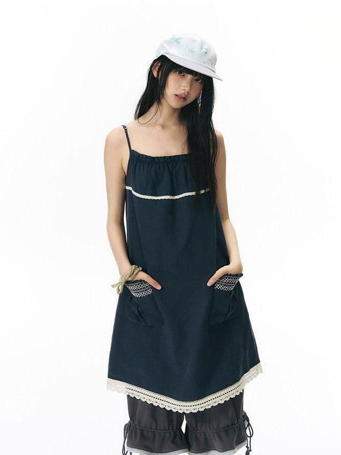NAPSNAPS A Line Gathered Pocket Lace Trim Women&