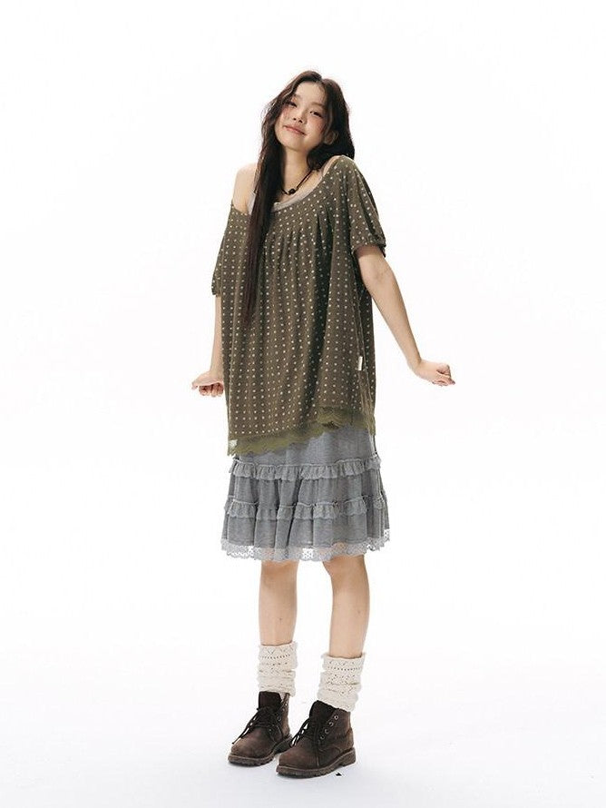 NAPSNAPS Allover Star Print Lace Splice Loose Fit Women&