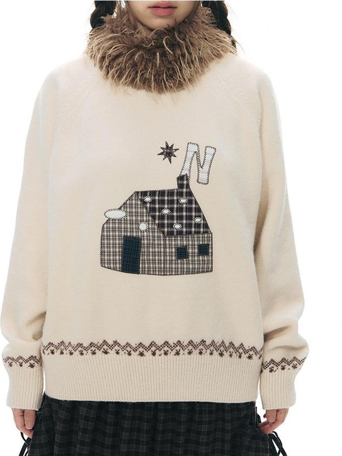 NAPSNAPS Apricot Cartoon Applique Colorblock Round Neck Knitted Women&