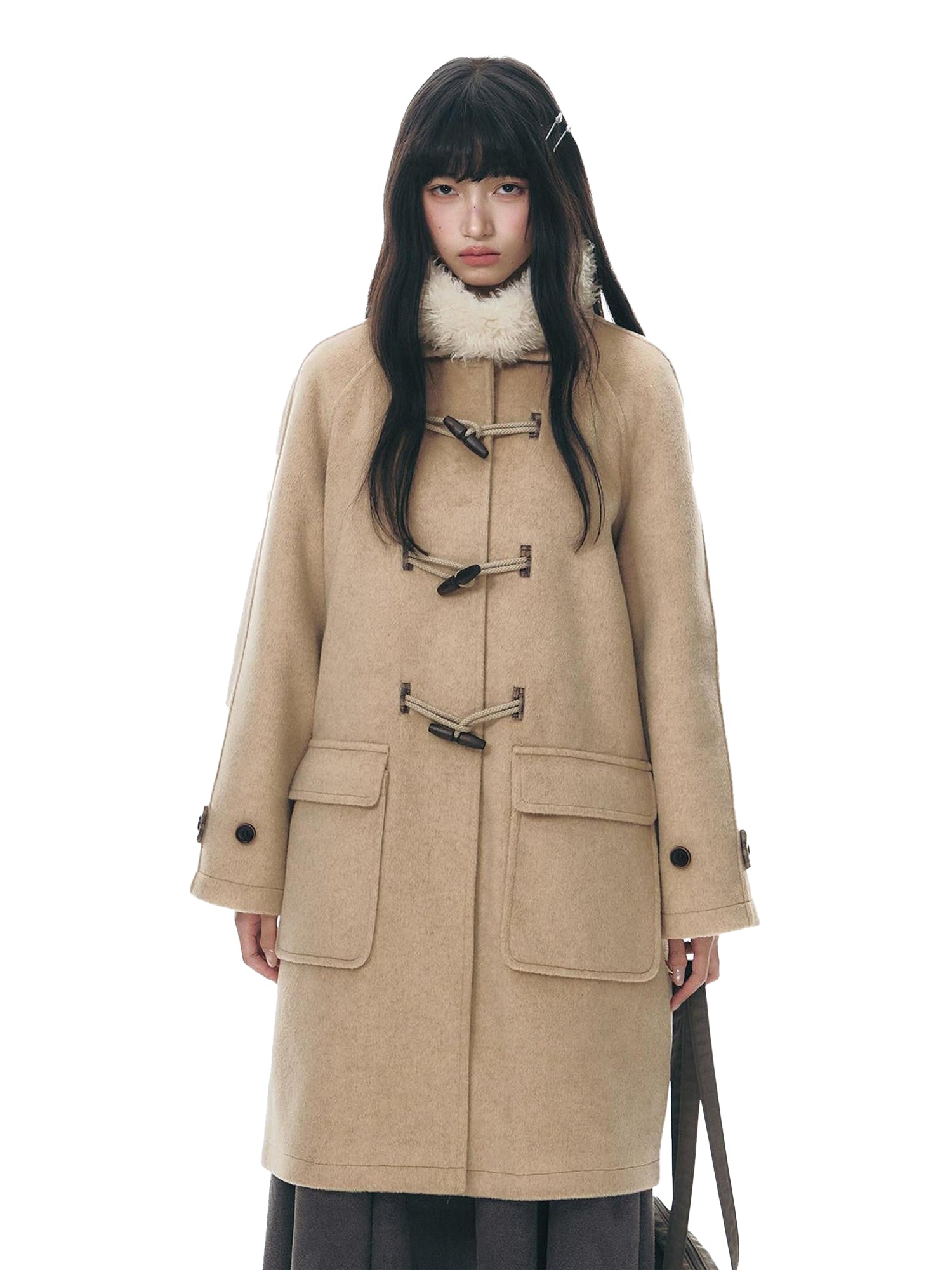 NAPSNAPS Apricot Patchwork Plaid Toggle Polo Collar Women&