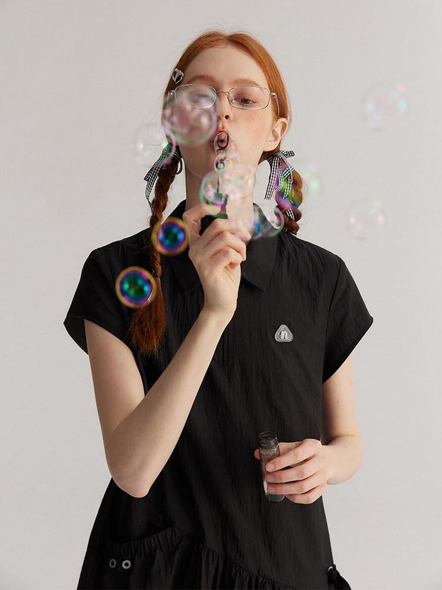 NAPSNAPS Asymmetric Double Layer Pleated Shirt Women&