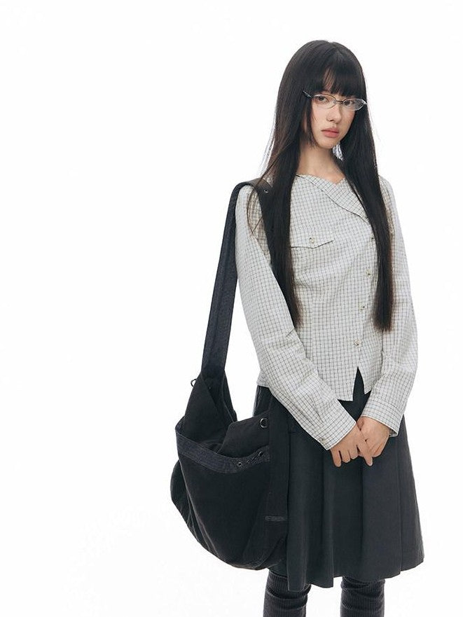 NAPSNAPS Asymmetric Tie Plaid Puff Skirt Slim Women&