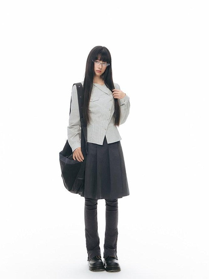 NAPSNAPS Asymmetric Tie Plaid Puff Skirt Slim Women&