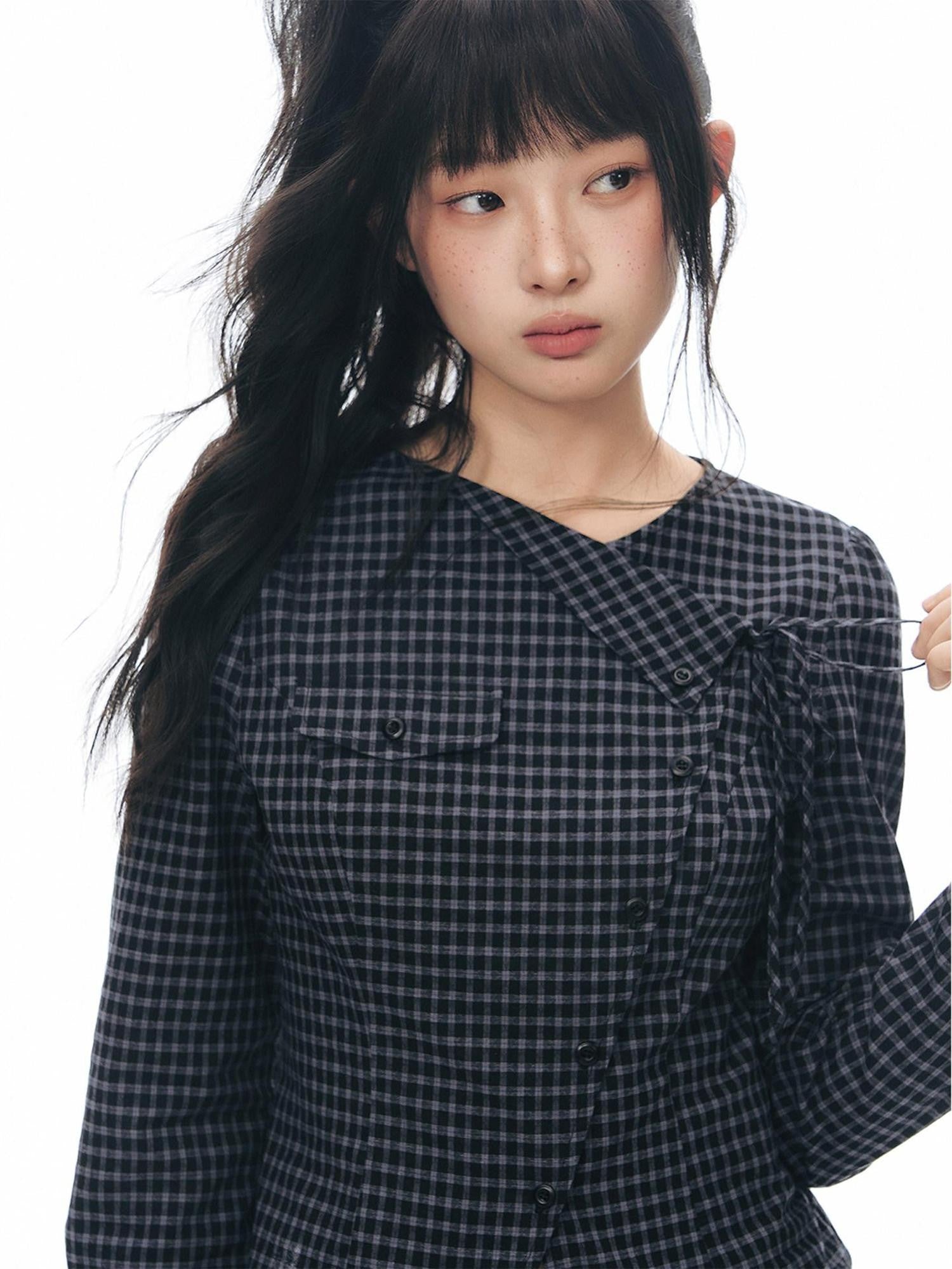 NAPSNAPS Asymmetric Tie Plaid Puff Skirt Slim Women&