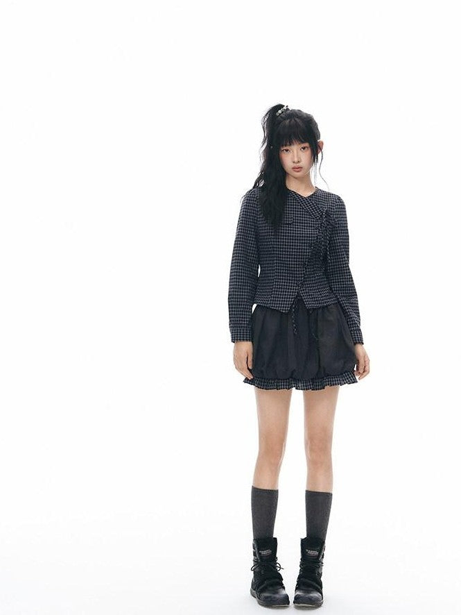 NAPSNAPS Black Check Spliced Faux Two Piece Bubble High Waist Women&