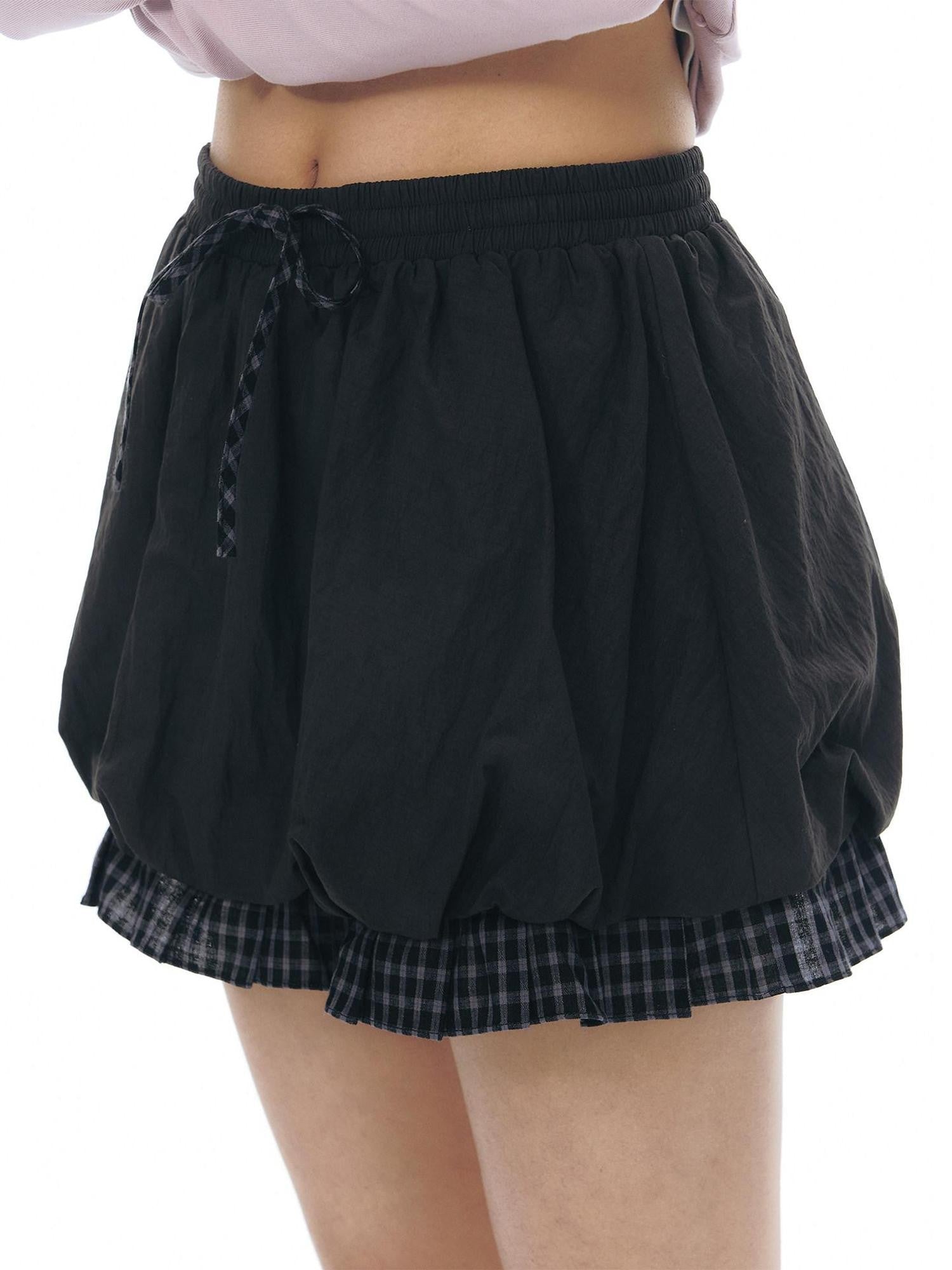 NAPSNAPS Black Check Spliced Faux Two Piece Bubble High Waist Women&