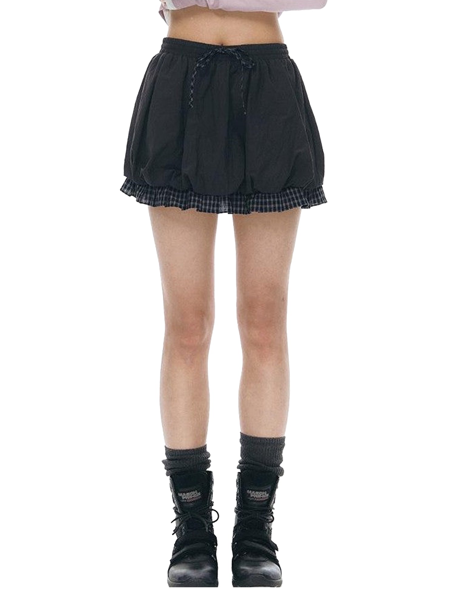 NAPSNAPS Black Check Spliced Faux Two Piece Bubble High Waist Women&