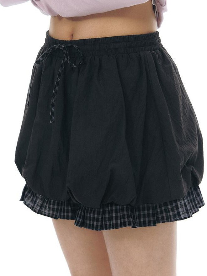 NAPSNAPS Black Check Spliced Faux Two Piece Bubble High Waist Women&