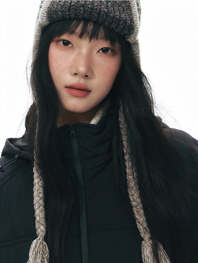 NAPSNAPS Black Detachable Hood Spliced Fur Lined Women&